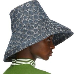 Gucci Denim GG Monogram Bucket Hat  Wide Large Brim Navy Blue Jacquard Beach